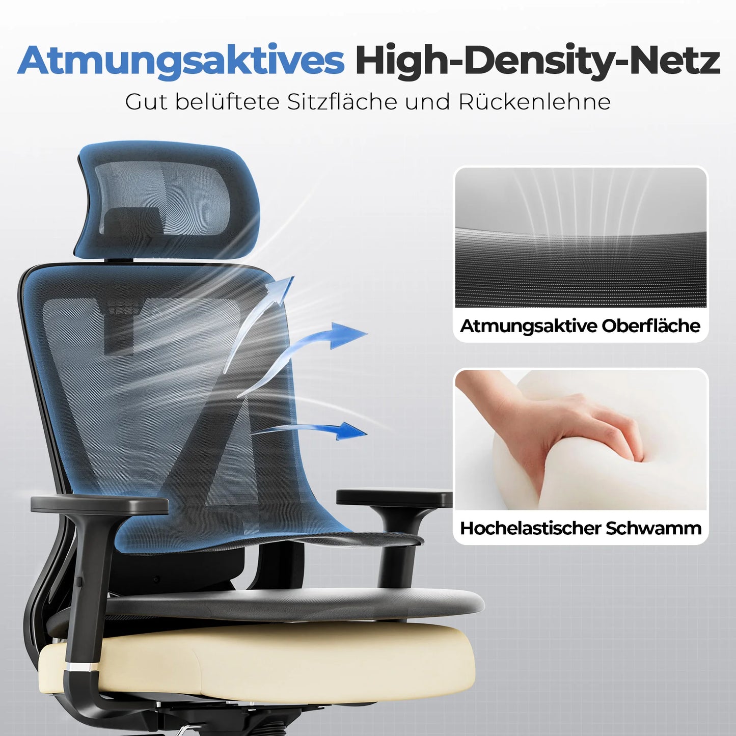 COMHOMA Bürostuhl Ergonomisch，Schreibtischstuhl mit 3D-Kopfstütze & 3D-Lendenwirbelstütze, verstellbare Armlehnen, Office Chair