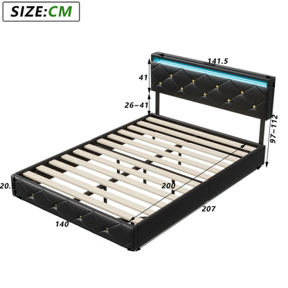 Rosahqnda Schwebebett 140-160*200cm LED USB verstellbares Kopfteil,Doppelpolsterbett Apartmentbett Jugendbett Gästebett,PU