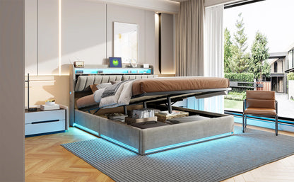 Rosahqnda Doppelbett,Kopfteil mit LED-Beleuchtung,USB-Anschlüssen und Ablagefach,Stauraumbett,Gästebett,Jugendbett,Samtstoff