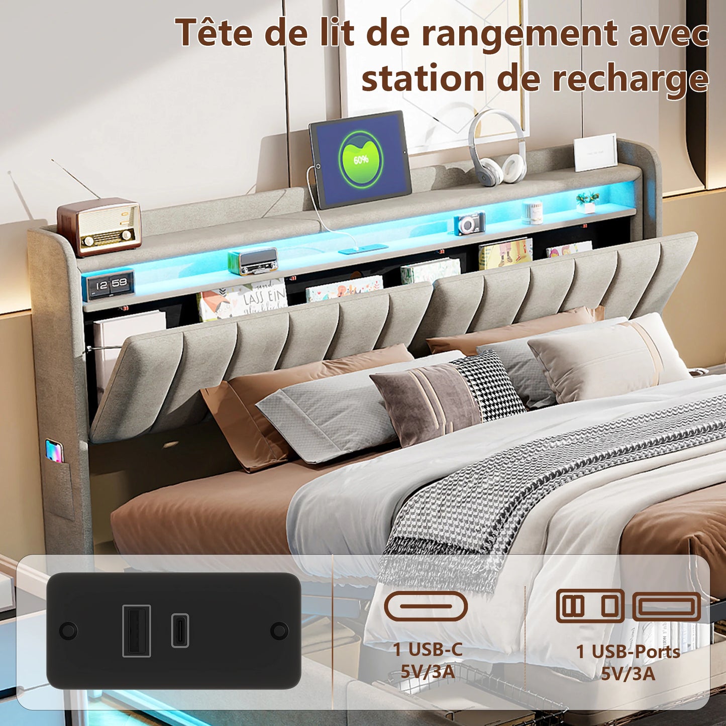 Bett 140 x cm mit LED-Box und USB, Polsterbett 140 x 200 mit LED-Licht gepolstertes Bett mit Stauraumbett 2 Personen