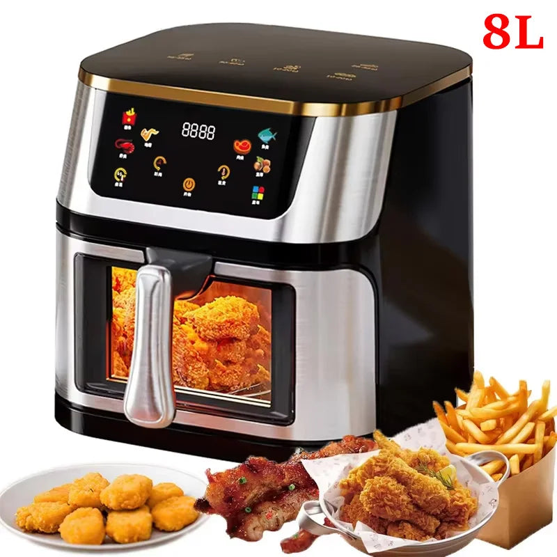 1400W 8L Air Fryer Stainless Steel Visible wide Capacity Electric Oven Touch glass Multifunctional Electric Fryer.