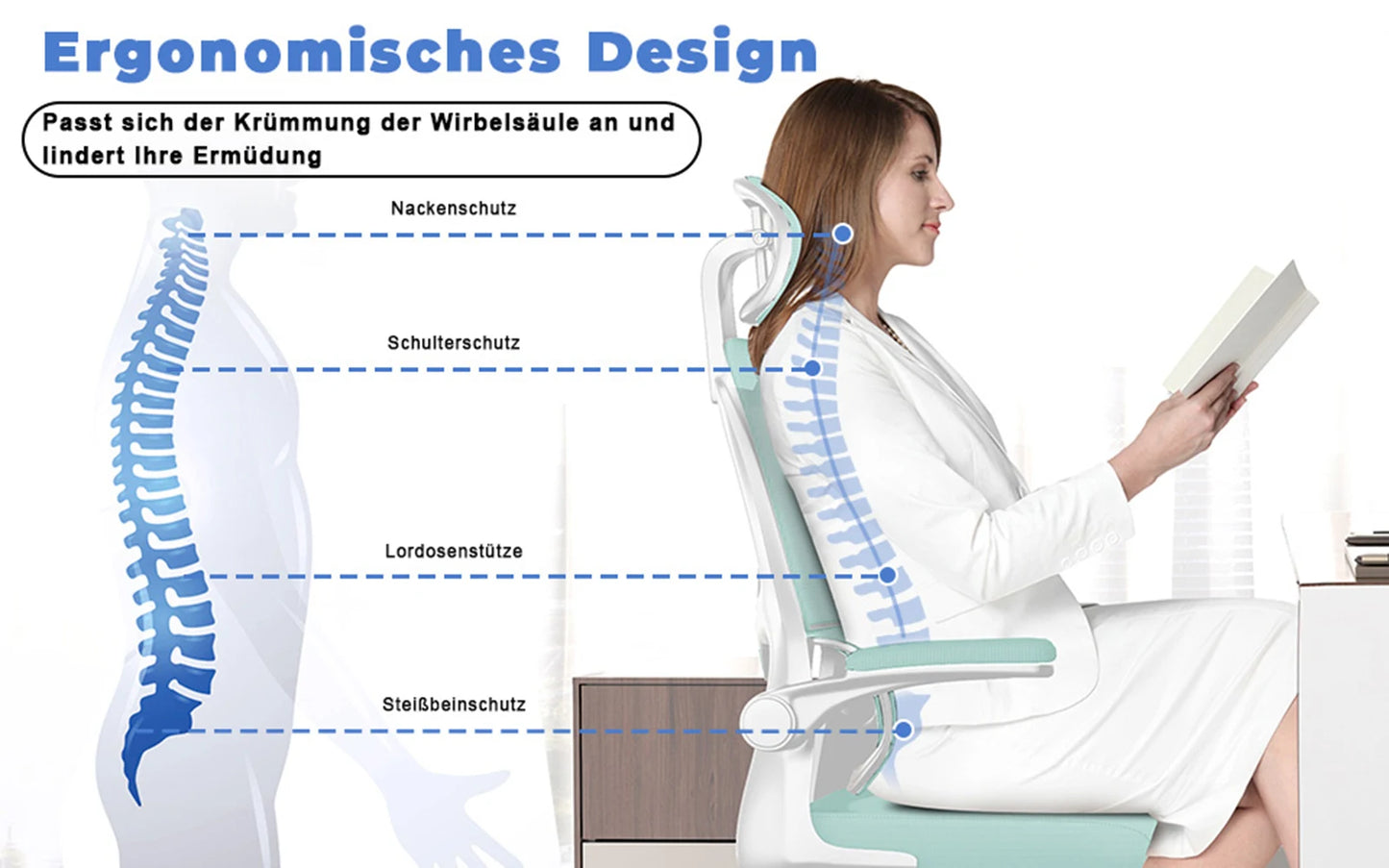 Ergonomic Office Chair, Desk Chair with Folding Armrests, Height-Adjustable, Breathable Backrest, Swivel Chair 360°