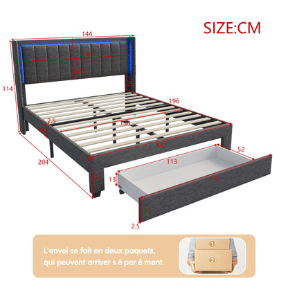 Rosahqnda Gepolsterter Bettrahmen mit LED, USB, Schubladen, Leinen Plattformbett 140-160-180×200cm,Jugendwohnungsbett,Gästebett