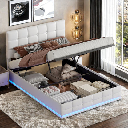 ROSAHQNDA 140x200 cm Polsterbett, PU-Lederbett mit LED- und USB-Anschlüssen, hydraulisches Boxbett, Kunstleder, ohne Matratze