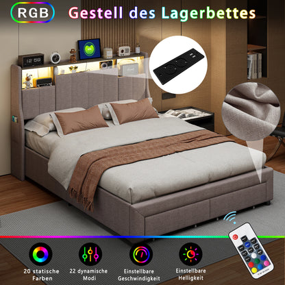 Rosahqnda gepolstertes Doppelbett, 140–160 x 200 cm, Stauraum, Kopfteil, Funktionsbett mit LED, USB und Schubladen, Jugendbett für Erwachsene, Leinengrau