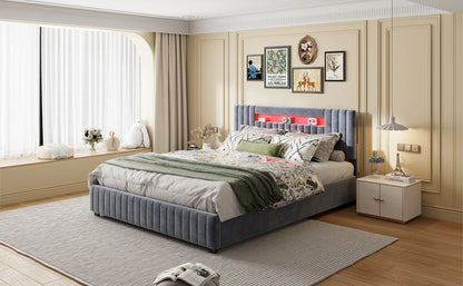 Rosahqnda hydraulisches Doppelbettgestell 140–160 x 200 cm mit LED, USB und großem Stauraum, gepolstertes Gästebett, Teenager-Wohnbett, Samt