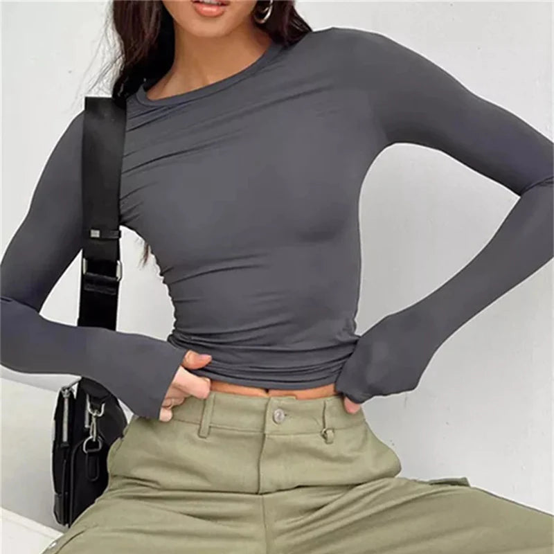 Women Long Sleeve T Shirt Spring Autumn Solid Slim Fit Casual Shirts Female Pullovers Basic Tee Y2k Clothes Streetwear Crop Tops.