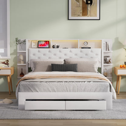 UrbanLuxe Polsterbett 140x200 cm mit LED-Streifen und USB-Ladeanschluss, Stauraumschubladen, Lattenrost, weißer Samt