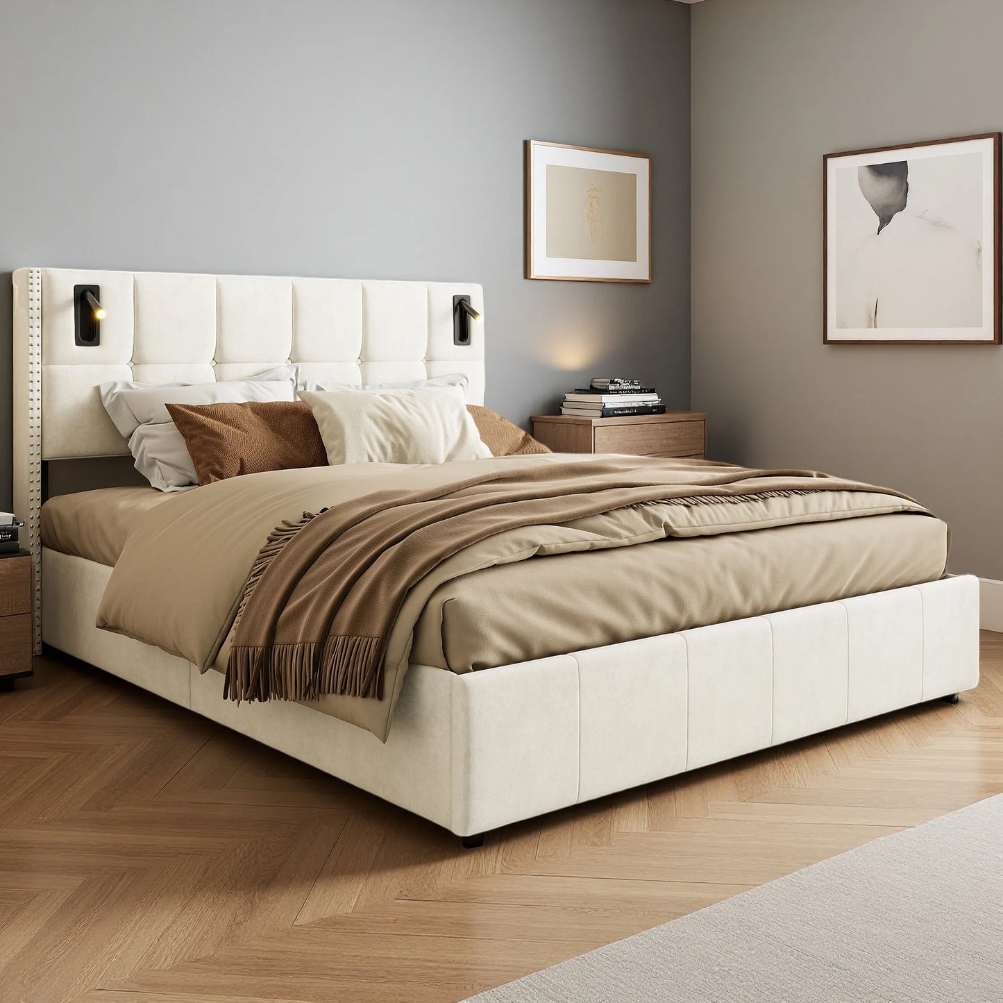 Rosahqnda Polsterbett 160x200 cm mit Stauraum,Kopfteil mit LED-Leselicht,Kupfernieten Modernes Bettgestell,Grauer Samtstoff