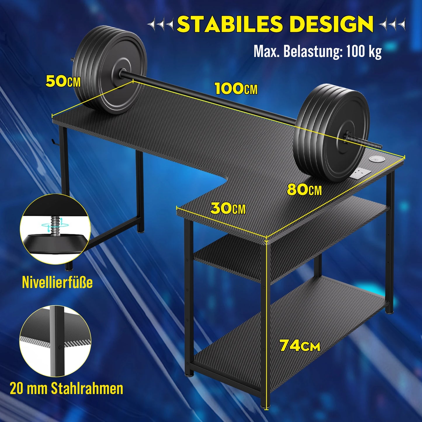 COMHOMA Schreibtisch Gaming Tisch mit Regal, Eckschreibtisch mit USB-Ladeanschluss und Steckdose, 120cm Computertisch L Form, PC