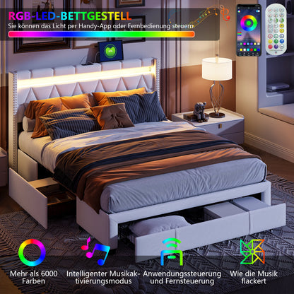 Comanlai Polsterbett, 160 x 200 cm, mit LED-Kopfteil und USB, mit 4 Schubladen, ohne Matratze, Leinenbeige