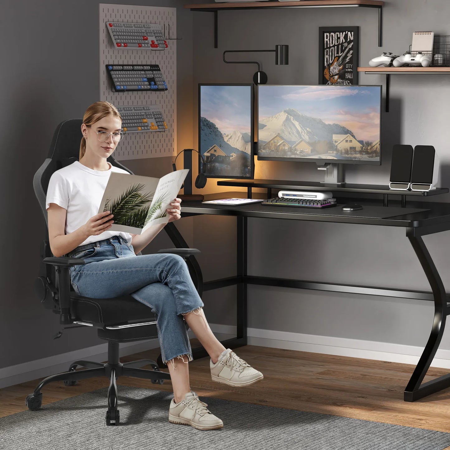 WOLTU Drehbarer Massage-Computer-Gaming-Stuhl, ergonomischer Racing-Gamer-Bürostuhl mit Rollen, Kopfstütze, Fußstütze, Lendenkissen