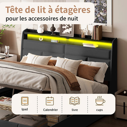 WoodenAura Hydraulisch Doppelbett Polsterbett 140x200cm, Bett mit Lattenrost aus Metallrahmen, Modernes Bettgestell mit Stauraum