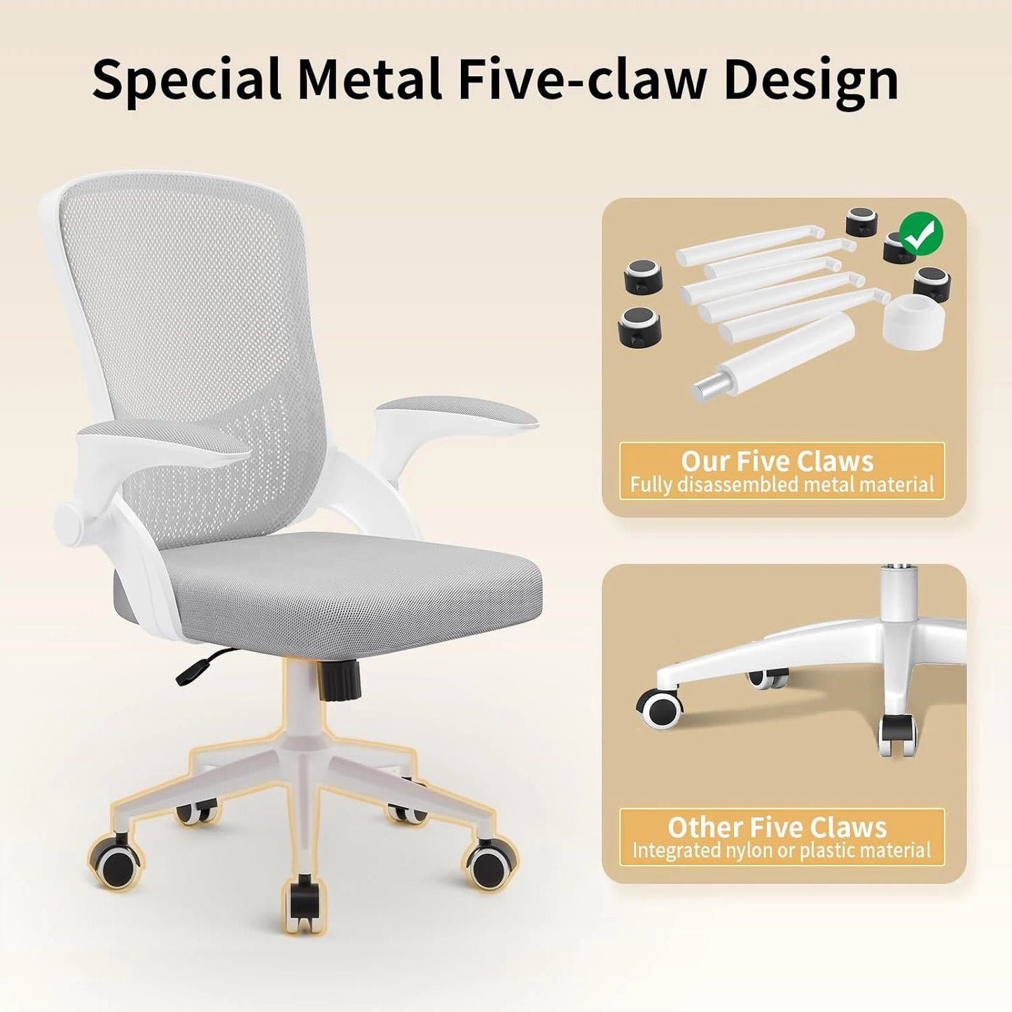 Ergonomic Office Chair Desk Chair with 90° Folding Armrests Lumbar Support Breathable Mesh Padding for Home Office