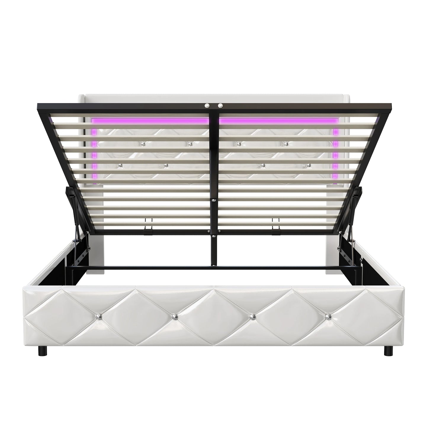 Rosahqnda Doppel-Jugendbettgestell 140–160 x 200 cm mit hydraulischem LED- und USB-Aufbewahrungsbett, Einzelbett, Gäste-/Master-Schlafzimmer, PU, weiß/schwarz