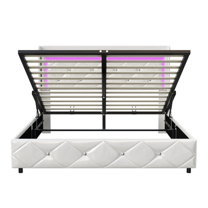 Rosahqnda Doppel-Jugendbettgestell 140–160 x 200 cm mit hydraulischem LED- und USB-Aufbewahrungsbett, Einzelbett, Gäste-/Master-Schlafzimmer, PU, weiß/schwarz