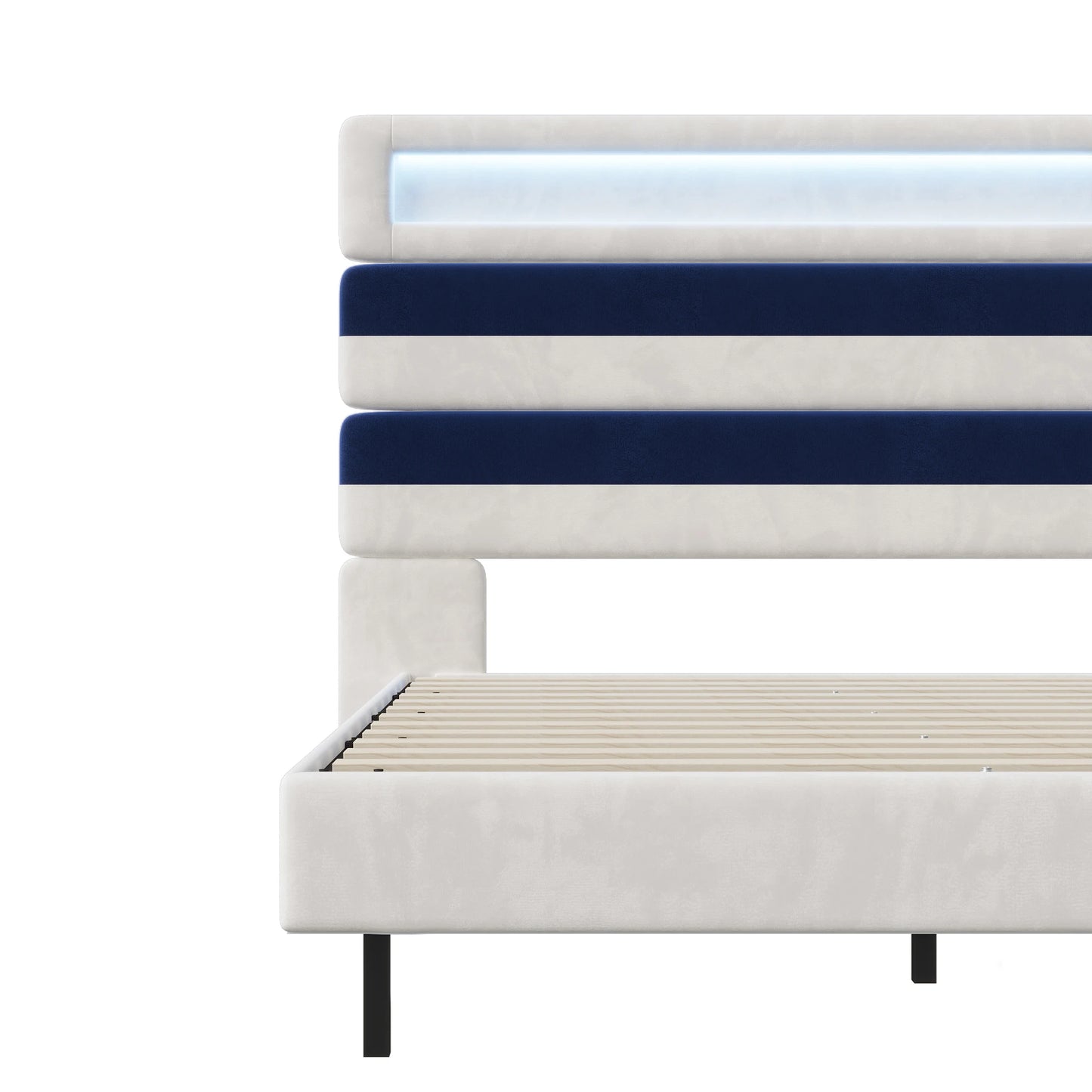 Rosahqnda Double Bed 140x190cm,Upholstered Bed with LED lighting and USB Charging Port,Youth Bed Ajudtable Headboard,WhiteVelvet