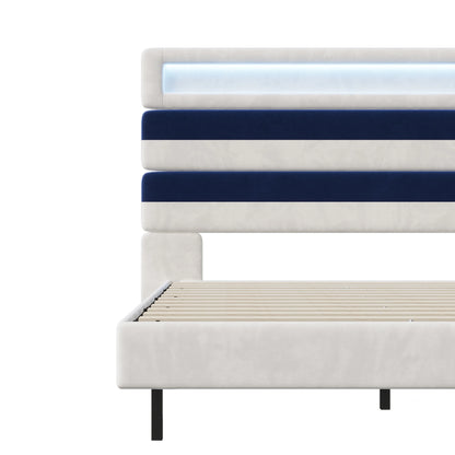 Rosahqnda Double Bed 140x190cm,Upholstered Bed with LED lighting and USB Charging Port,Youth Bed Ajudtable Headboard,WhiteVelvet