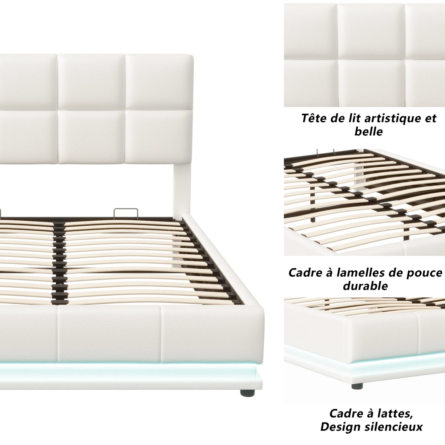 Rosahqnda Hydraulischer Doppelbettrahmen 140*190cm mit LED, Verstellbares Kopfteil, Stauraumbett 140*200cm, Polsterbett, PU