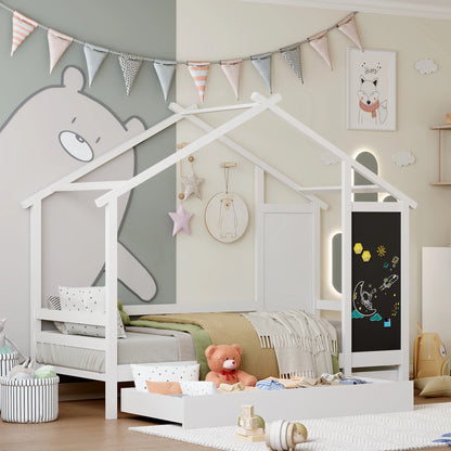 Roshanda Kinderbett, 90 x 200 cm, Hausbett, Einzelbett, mit Tafel/Bücherregal/Schublade, Kiefer, Weiß