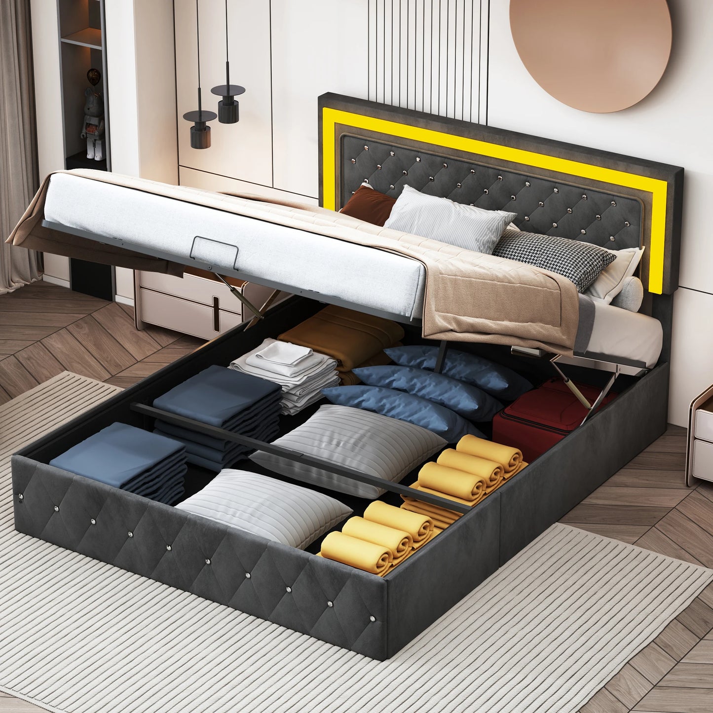 Rosahqnda gepolstertes Doppelbett 140 x 200 cm mit LED-Beleuchtung, hydraulischem Stauraumbett und Lattenrost, Funktionsbetten, Samt