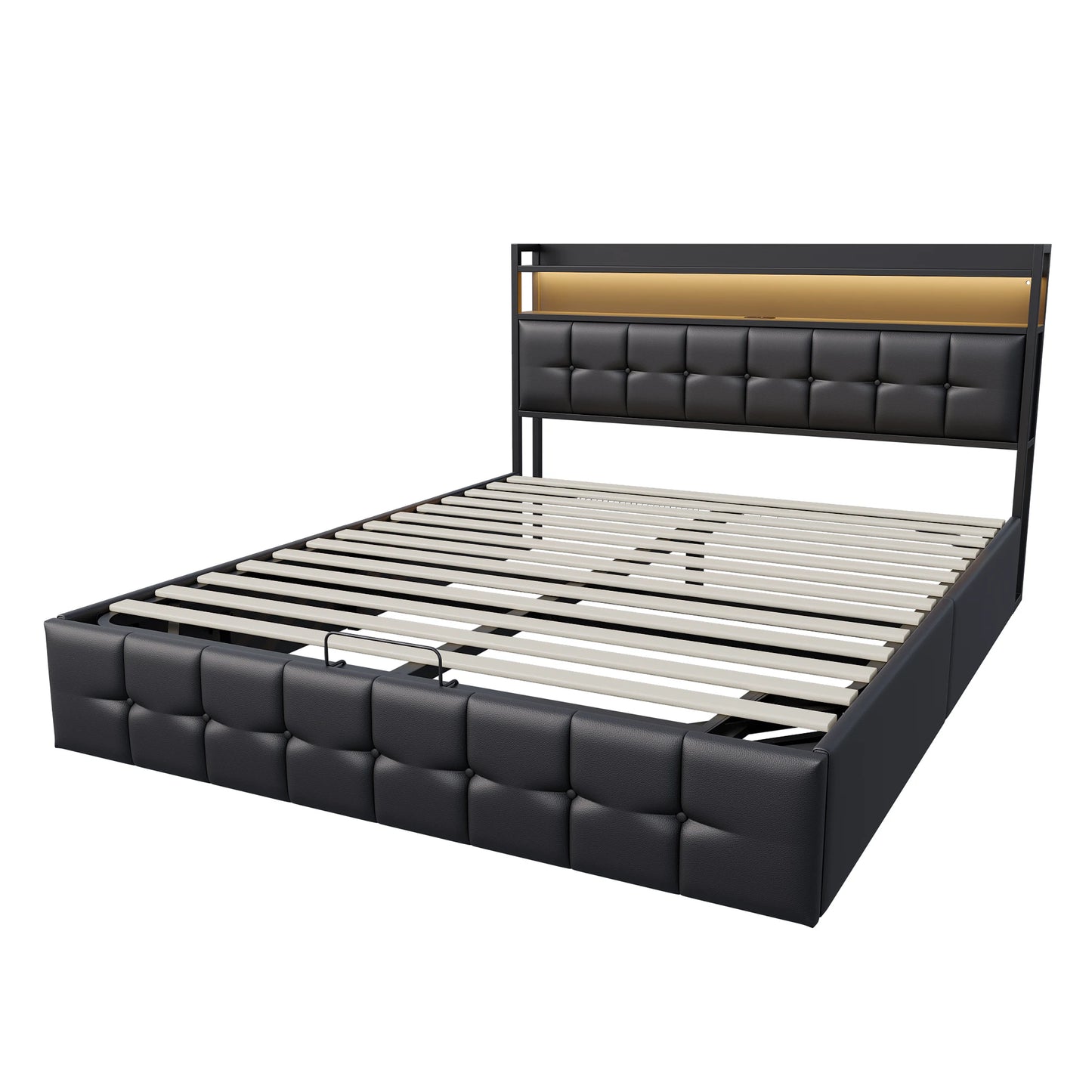 Rosahqnda Polsterbett 140 x 190 cm Doppelbett mit LED und USB, gepolsterter Bettrahmen mit Kopfteil und Lattenrost, Höhe 32 cm