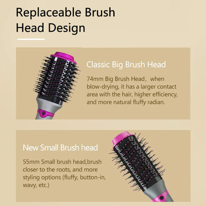 1200W Hair Dryer Hot Air Brush Styler Replaceable Head Straightener Curler Comb Roller One Step Electric Ion Blow Dryer Brush.
