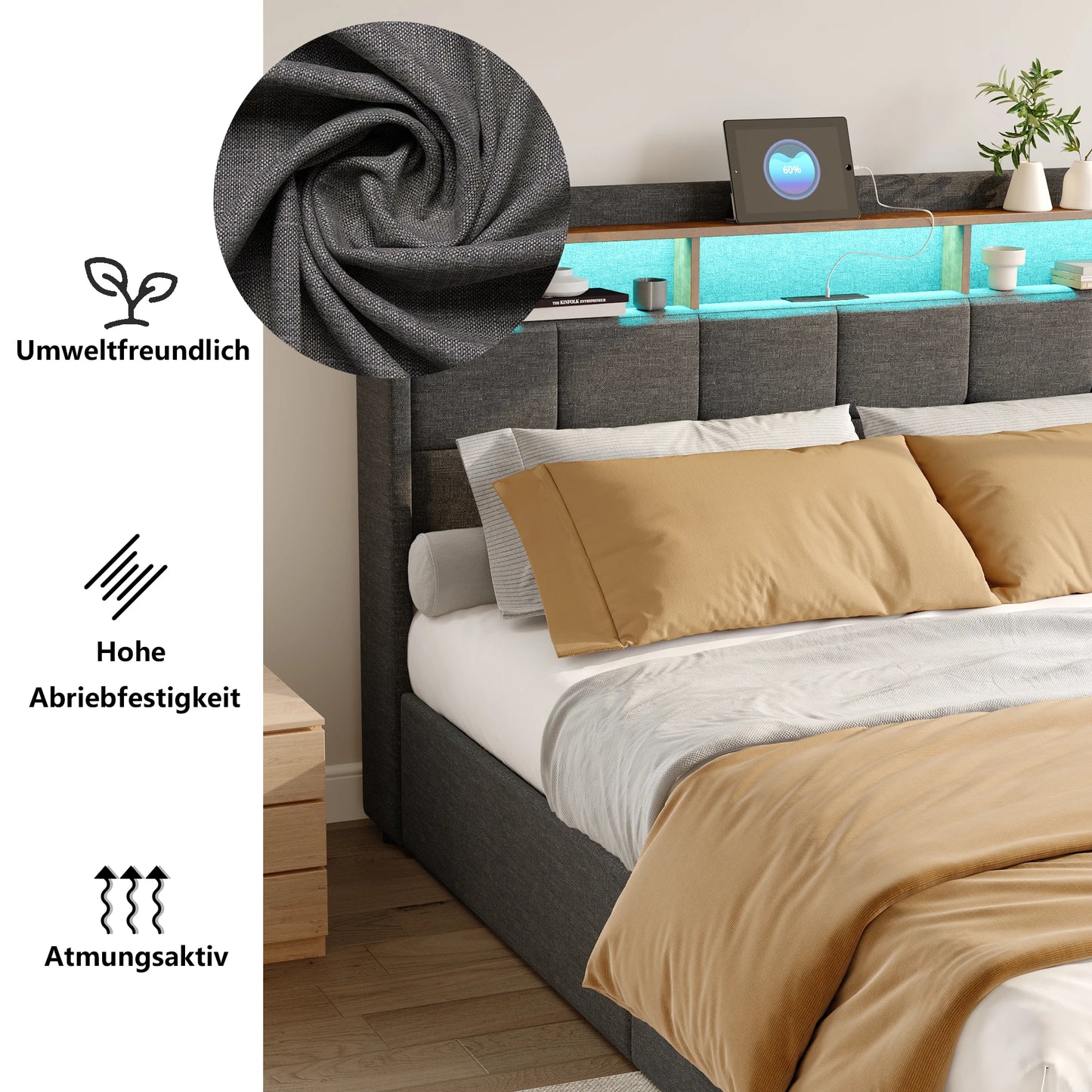 Rosahqnda Modernes Doppelbett mit Schubladen, einzigartiges Polsterbett, mit Ladeanschluss, Bettrahmen mit Stauraum