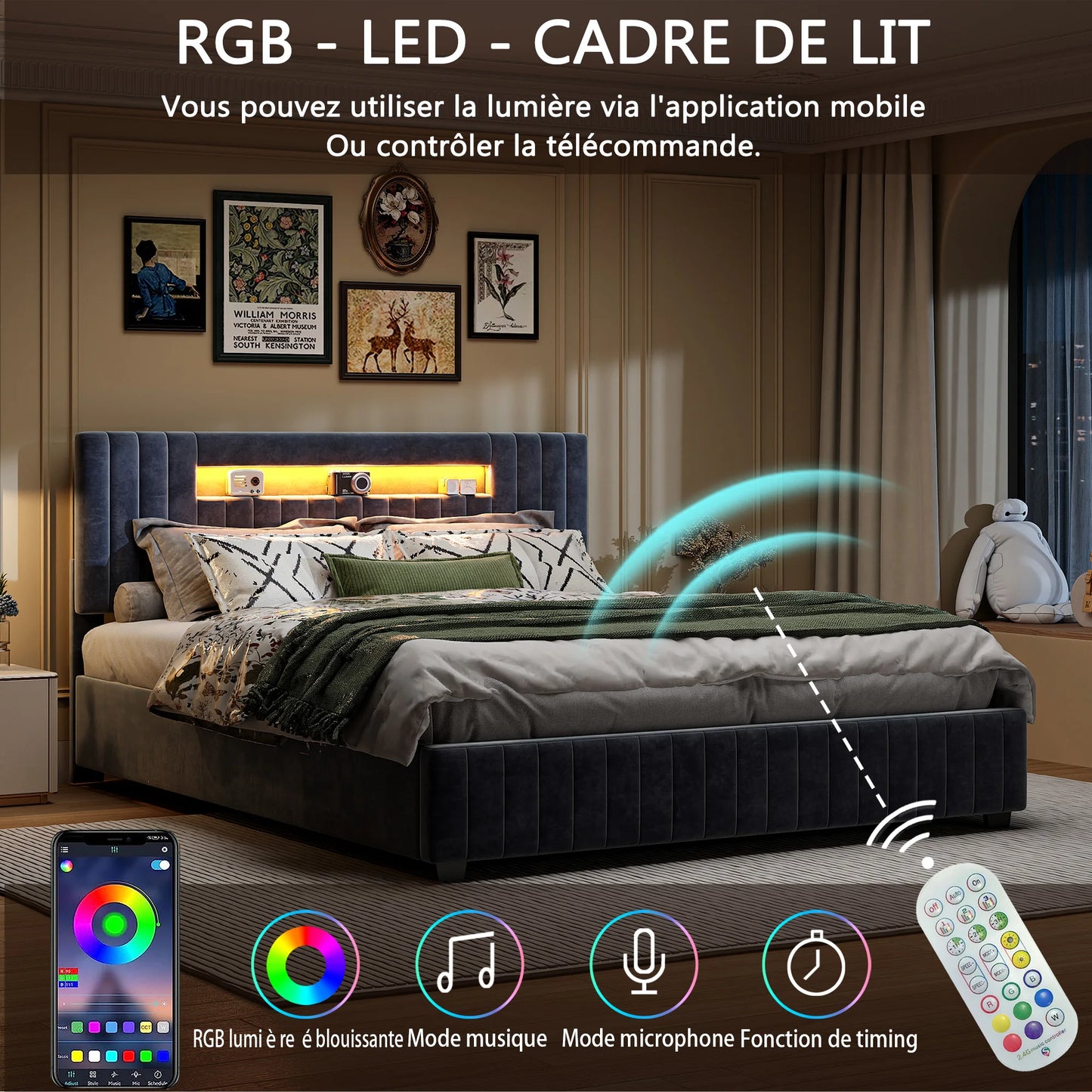 Rosahqnda 140x200 Bett mit Stauraum und Untergestell, gepolstertes Bett mit Stauraum, Doppelbett mit LED, Bettgestell aus Samt, mit Lattenrost, Grau