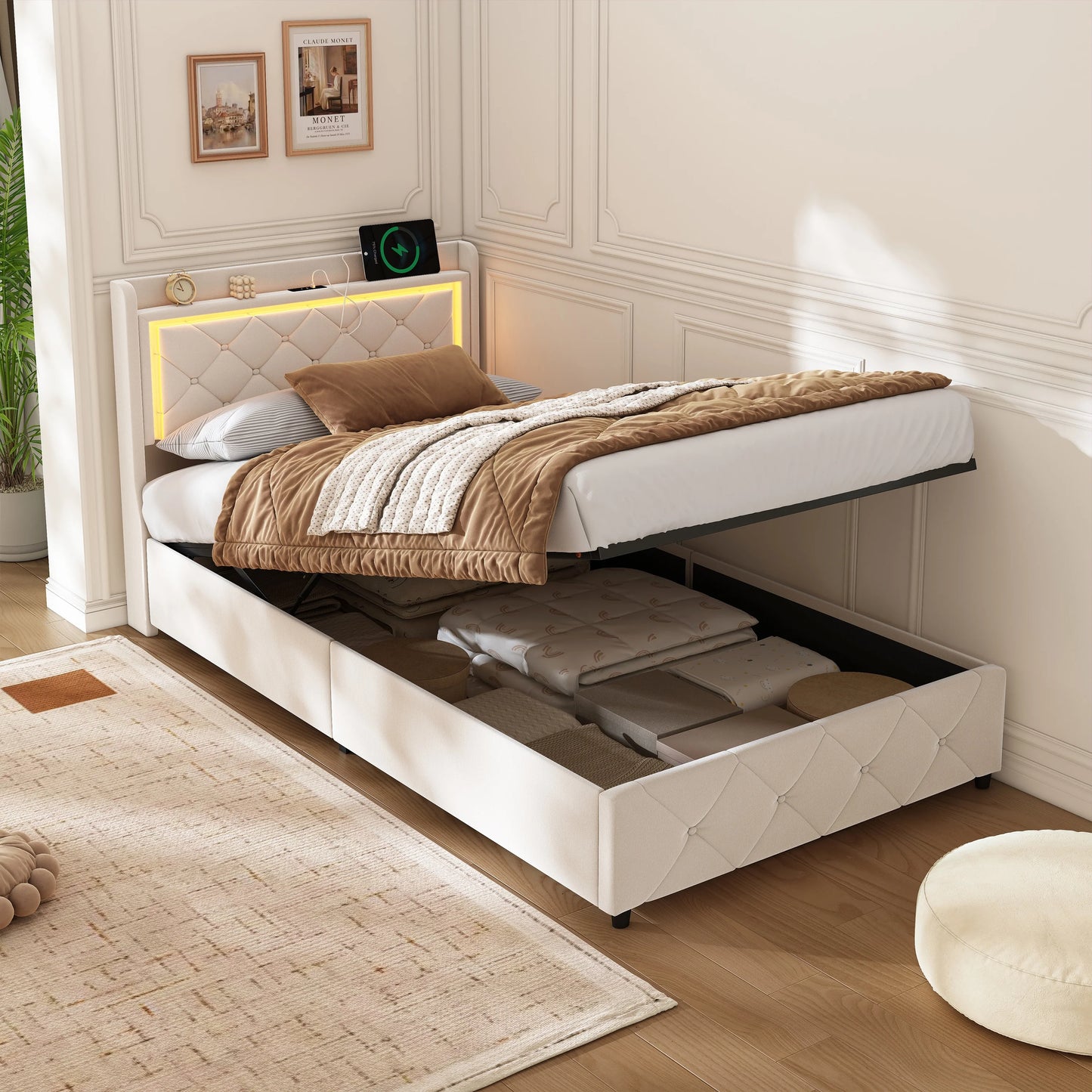 Rosahqnda Polster-Einzelbett 90 x 200 cm mit LED, Jugendbett mit USB/Typ-C, Bettkasten, Holzrahmen, Flanell (ohne Matratze)