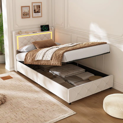 Rosahqnda Polster-Einzelbett 90 x 200 cm mit LED, Jugendbett mit USB/Typ-C, Bettkasten, Holzrahmen, Flanell (ohne Matratze)