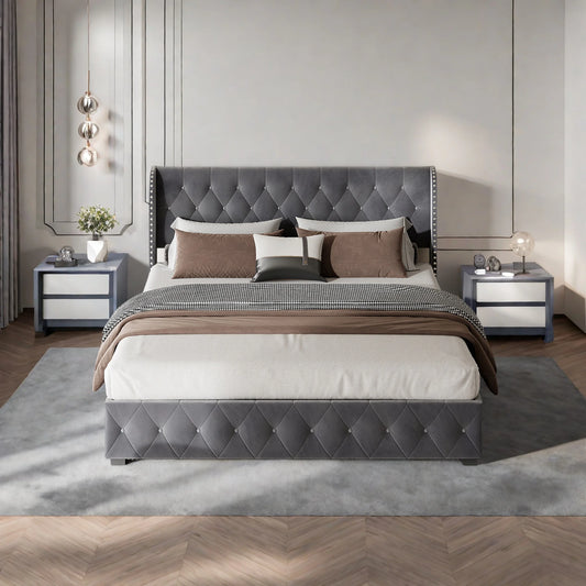 RosahqndaPolsterbett mit Lattenrost und Kopfteil, Boxspringbett mit großem Stauraum, für Erwachsene & Jugendliche, ohne Matratze