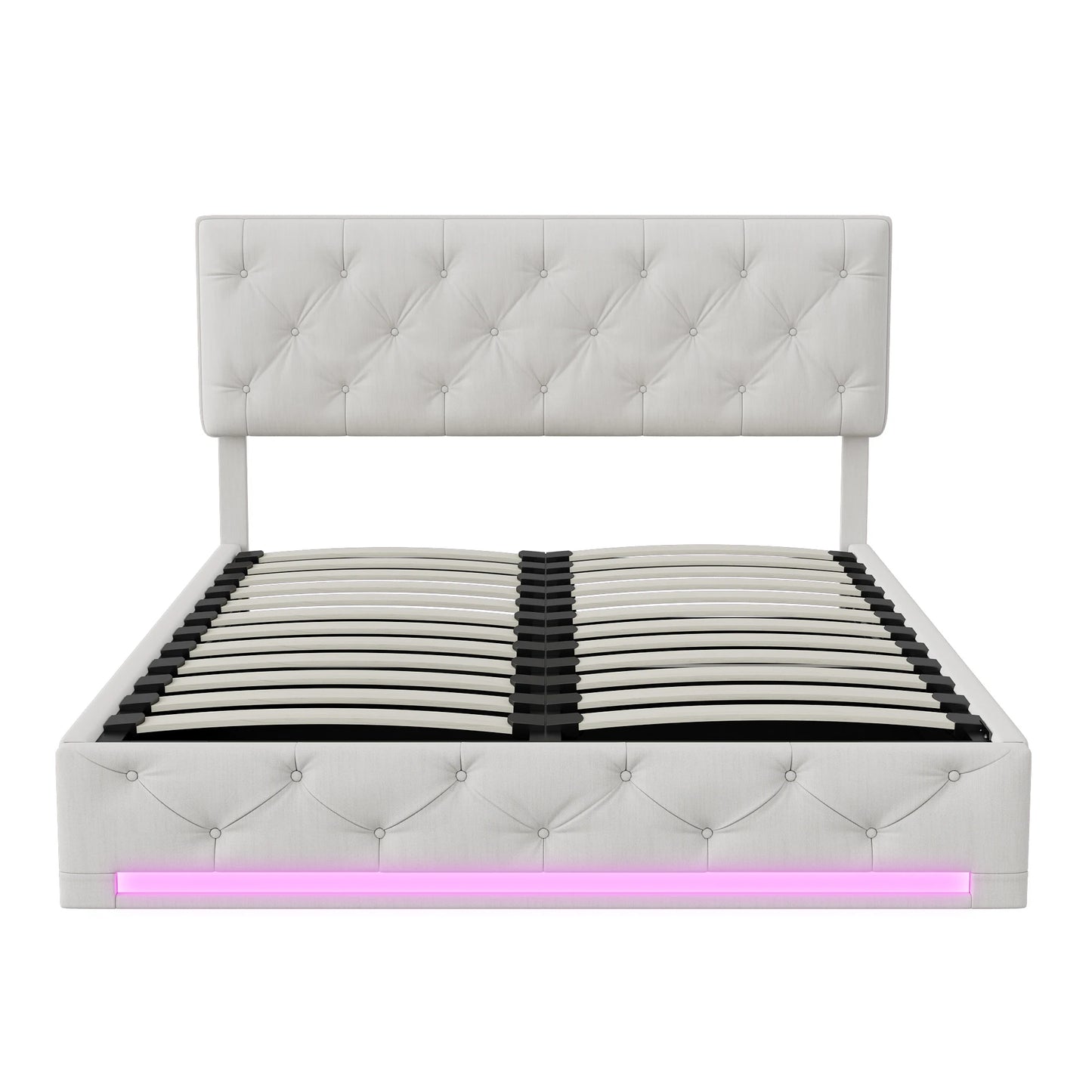 Rosahqnda upholstered bed, double size, with LED lights, storage bed with hydraulic lift box, adjustable headboard height, linen