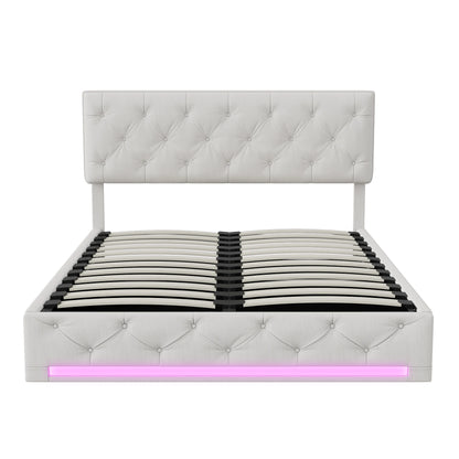 Rosahqnda upholstered bed, double size, with LED lights, storage bed with hydraulic lift box, adjustable headboard height, linen