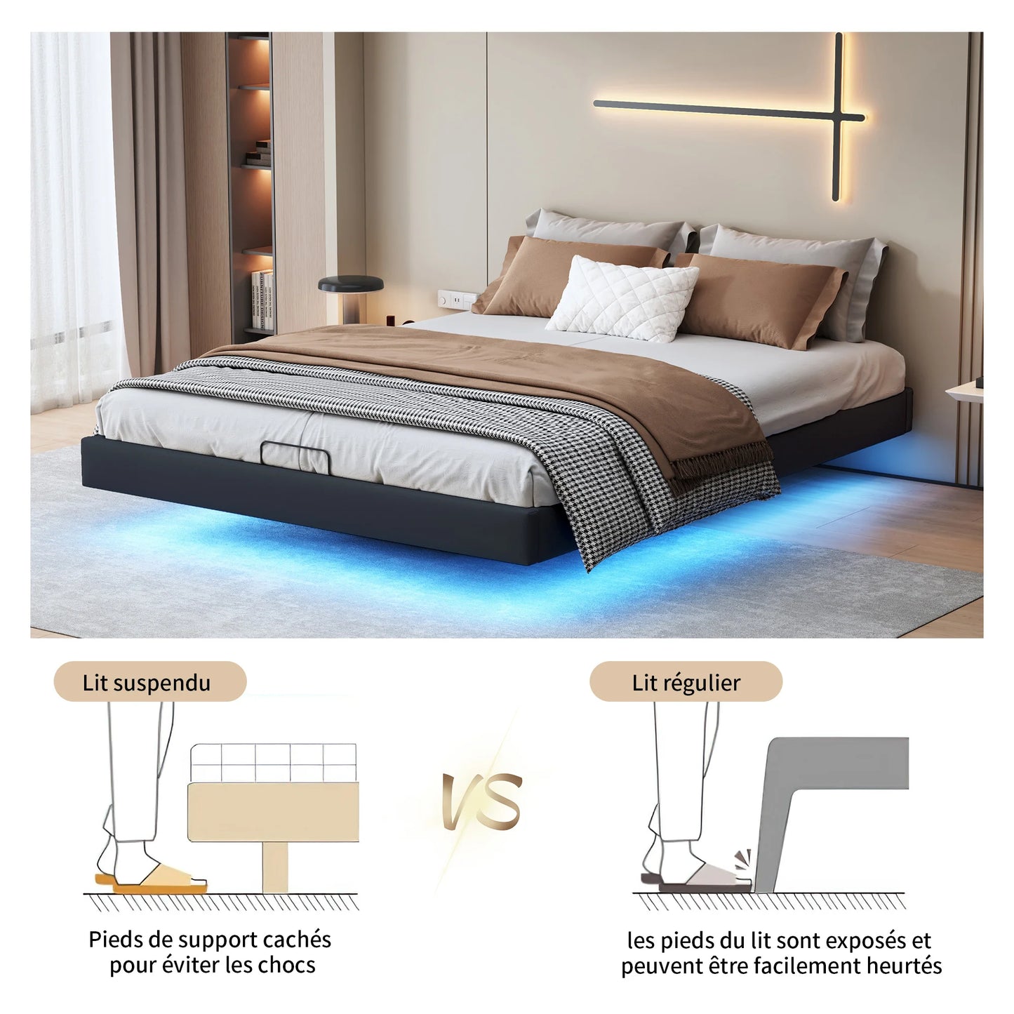 Rosahqnda Doppelbett 160 x 200 cm mit LED-Beleuchtung, Lattenrost aus Metall, schwebender Bettrahmen mit Licht, Schwarz (ohne Matratze)