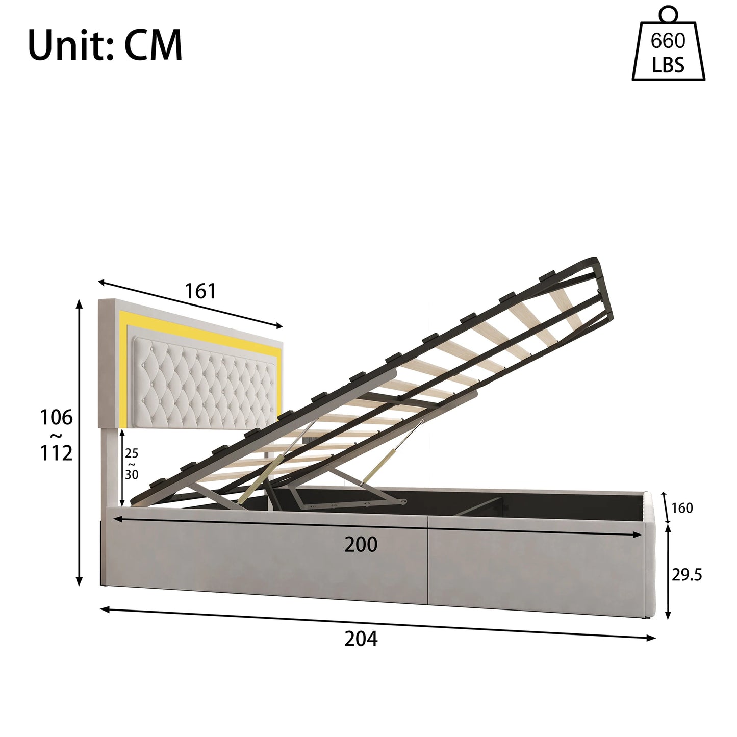 Rosahqnda Doppelbettgestell 140–160–180 x 200 cm, verstellbares LED-Kopfteil, hydraulisches Bett mit Stauraum, gepolstertes Jugendbett, Samt