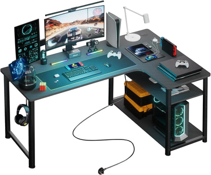 COMHOMA Schreibtisch Gaming Tisch mit Regal, Eckschreibtisch mit USB-Ladeanschluss und Steckdose, 120cm Computertisch L Form, PC