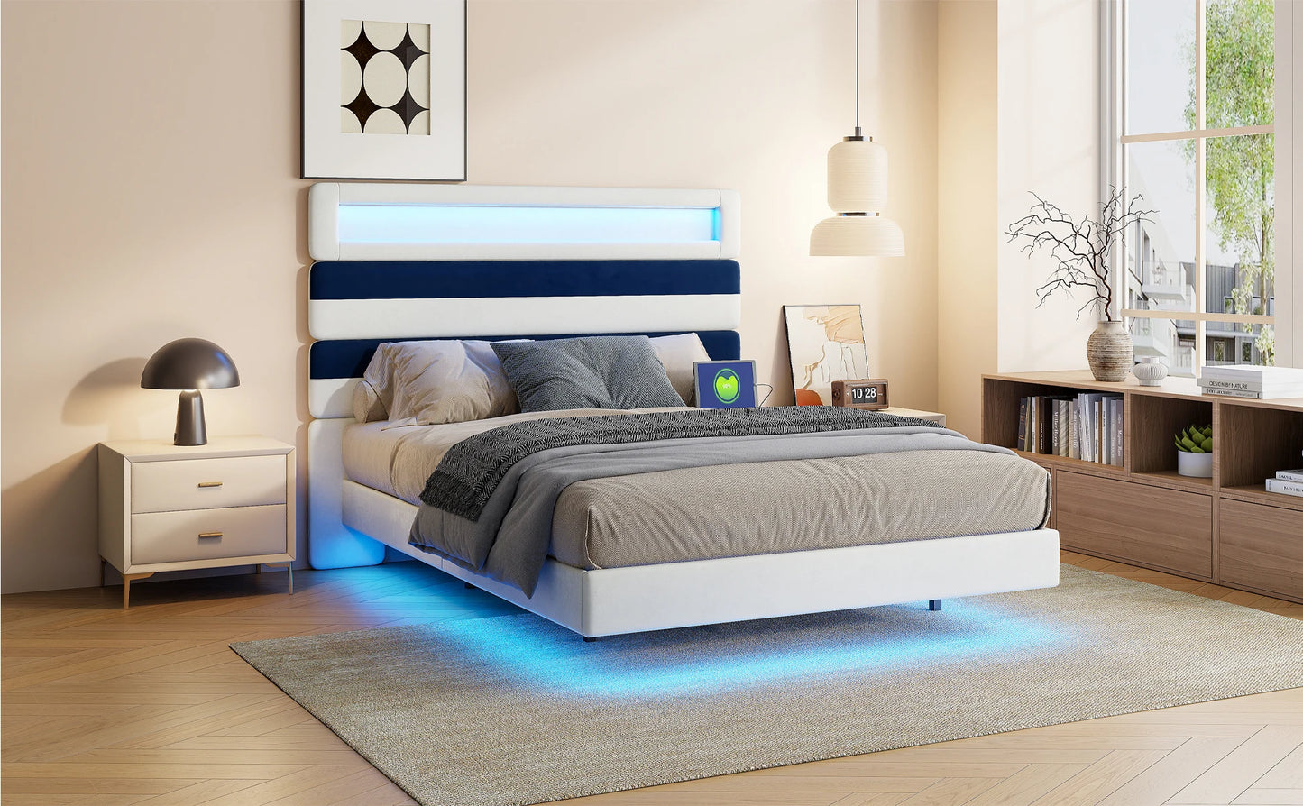 Rosahqnda Schwebebett 140*190cm Doppelbett Rahmen 160*200cm mit LED&USB Polsterbett Erwachsenenwohnung Jugendbett Samt