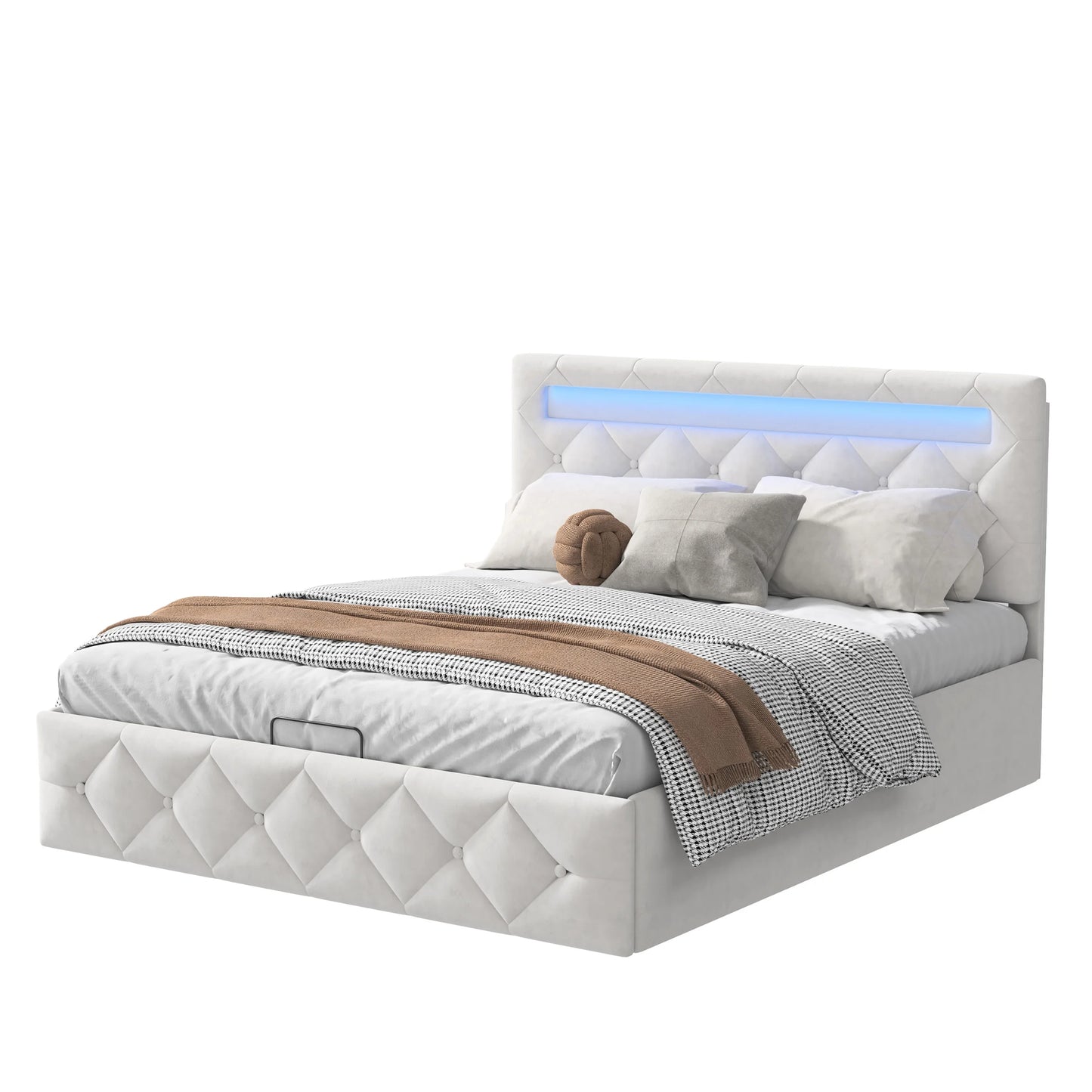 Rosahqnda Modernes weißes Polsterbett,hydraulisches Bett mit großem Stauraum, elegantes Doppelbett,Samtstoff, ohne Matratze