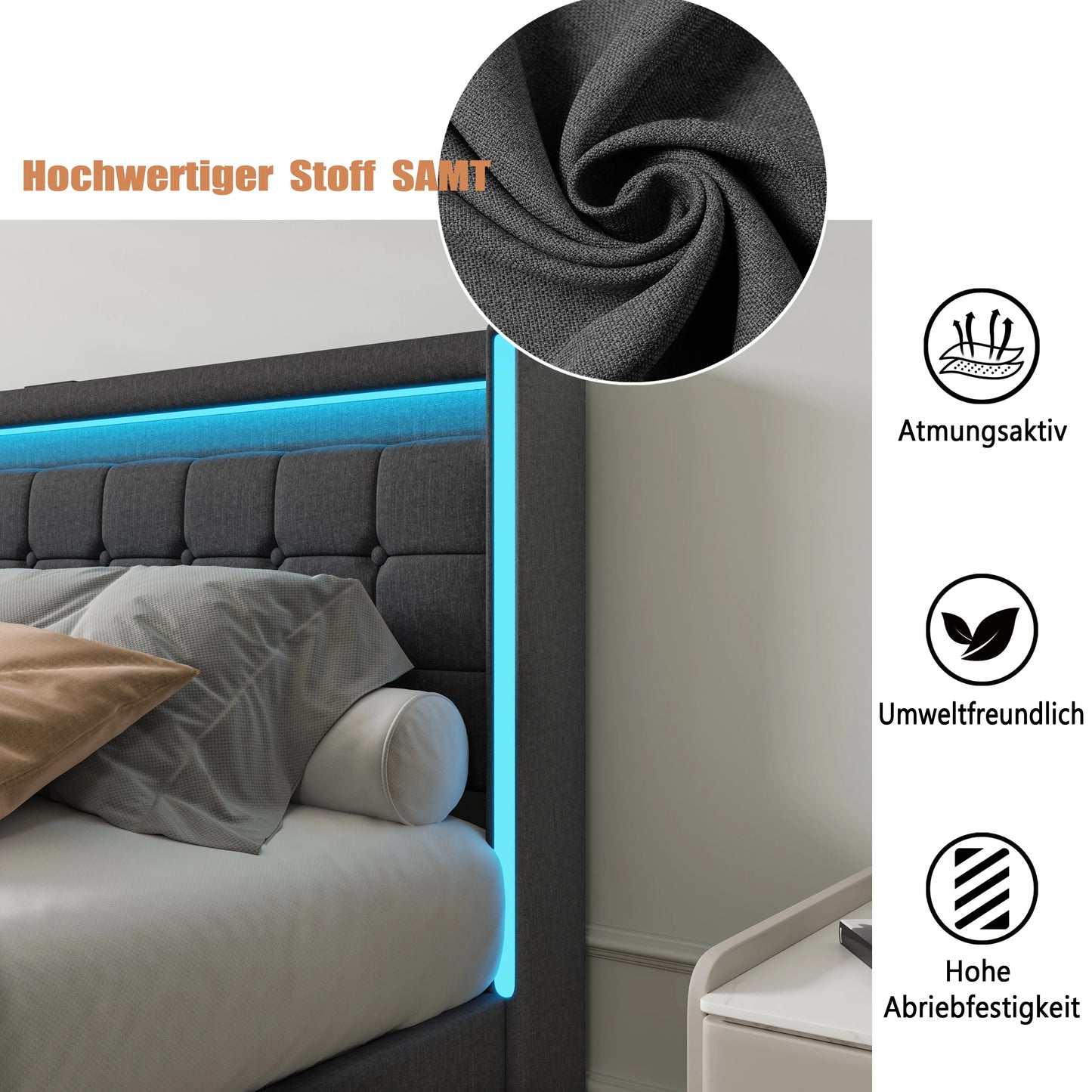 Polsterbett 140x200 cm,LED Doppelbett mit 4 Schubladen und Lattenrost,Kopfteil mit stauraum und USB-Ladefunktion,Bettgestell