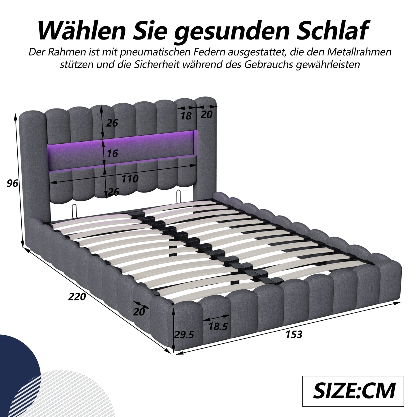 Rosahqnda Polsterbett mit LED- und USB-Anschluss, Leinenbaumstumpfbettgestell mit Kopfteil, 140 x 200 cm großes hydraulisches Bett ohne Matratze
