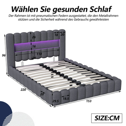 Rosahqnda Polsterbett mit LED- und USB-Anschluss, Leinenbaumstumpfbettgestell mit Kopfteil, 140 x 200 cm großes hydraulisches Bett ohne Matratze
