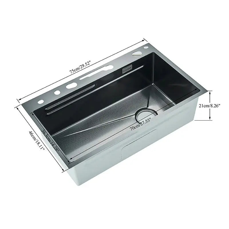 Wasserfall-Küchenspüle aus Edelstahl 304, großes Einzelschlitz-Wasserhahn-Set mit integrierter Digitalanzeige, Seifenspender, Tassenwascher