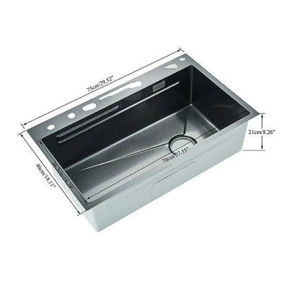 Wasserfall-Küchenspüle aus Edelstahl 304, großes Einzelschlitz-Wasserhahn-Set mit integrierter Digitalanzeige, Seifenspender, Tassenwascher