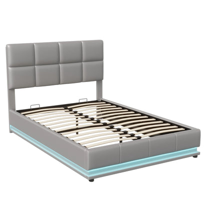 Rosahqnda Hydraulischer Doppelbettrahmen 140*190cm mit LED, Verstellbares Kopfteil, Stauraumbett 140*200cm, Polsterbett, PU