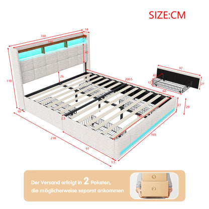 Double Bed,Upholstered Bed with LED and USB Charging Port,4 Drawers and Storage Backrest for Adults or Teen Bedrooms,Beige/Grey