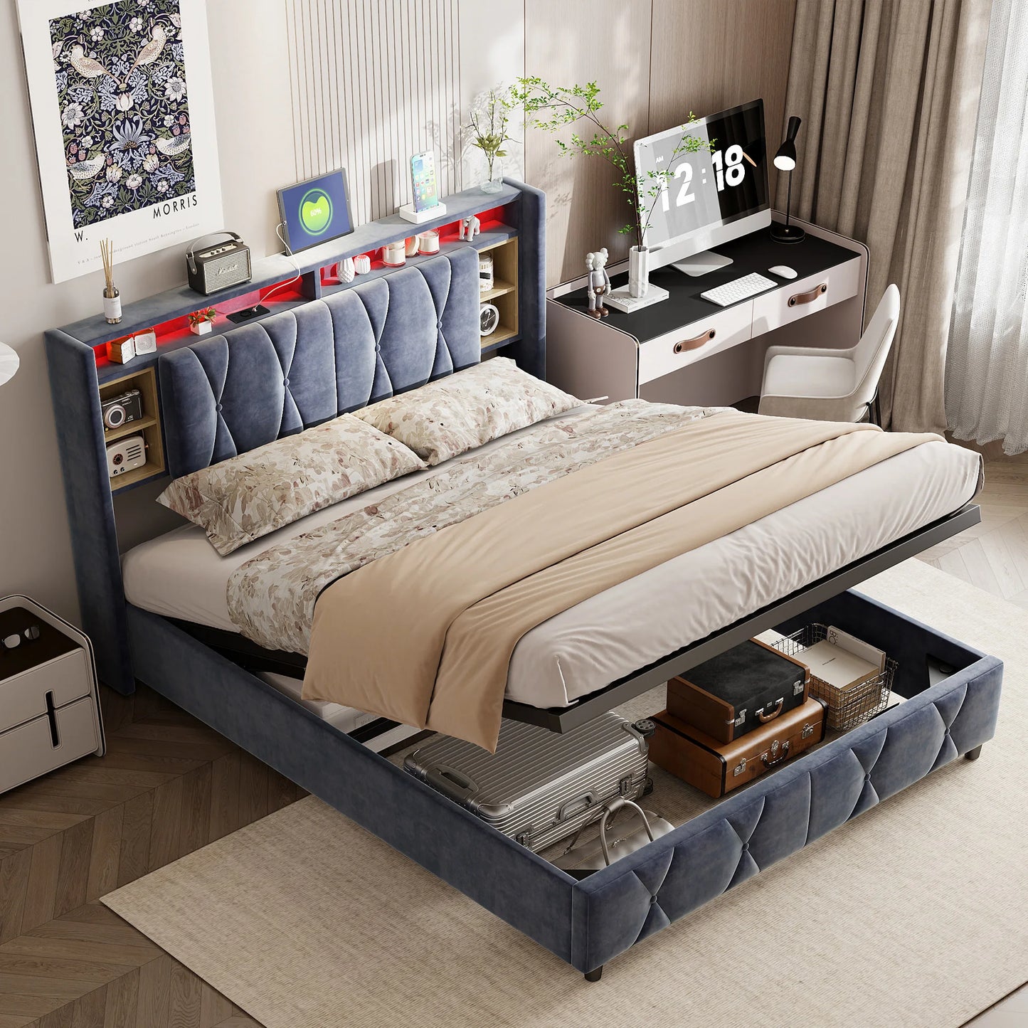 UrbanLuxe Bettgestell 140x200 cm mit LED-Lichtleiste und Dual-USB-Ladeanschluss, Bett mit Stauraum, Lattenrost, Samt, grau