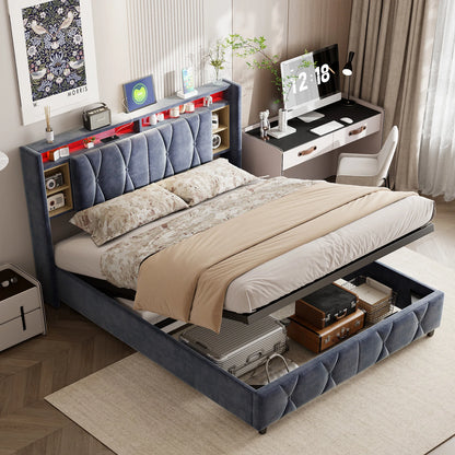 UrbanLuxe Bettgestell 140x200 cm mit LED-Lichtleiste und Dual-USB-Ladeanschluss, Bett mit Stauraum, Lattenrost, Samt, grau