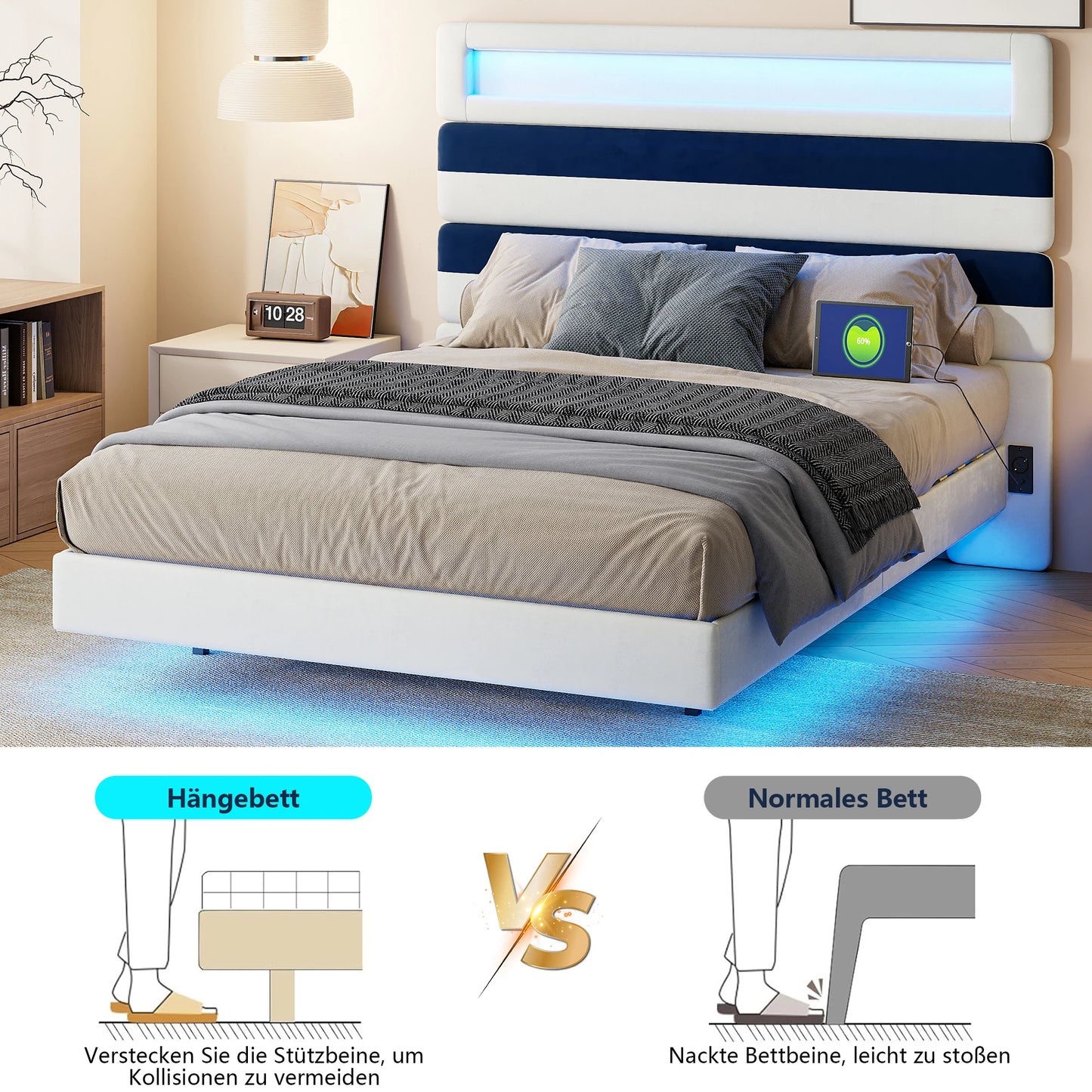 Anajqaqia 140 x 190 cm gepolstertes Bett, Doppelbett mit USB-Ladeanschluss, Kopfteil und Unterbett mit Lichtleiste, Samt