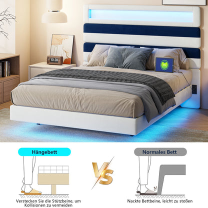 Anajqaqia 140 x 190 cm gepolstertes Bett, Doppelbett mit USB-Ladeanschluss, Kopfteil und Unterbett mit Lichtleiste, Samt